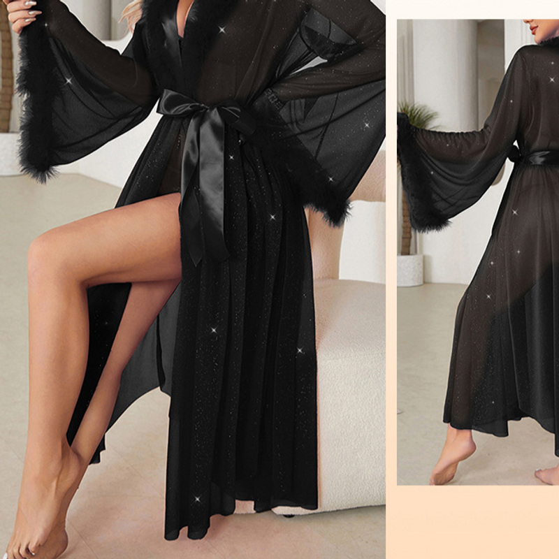 Slaapkleding Nieuwe Sier Zijden Pamas Licht Lange Mouw Bont Koel Nachthemd Badjas Huiskleding Vrouwen_voghion.com