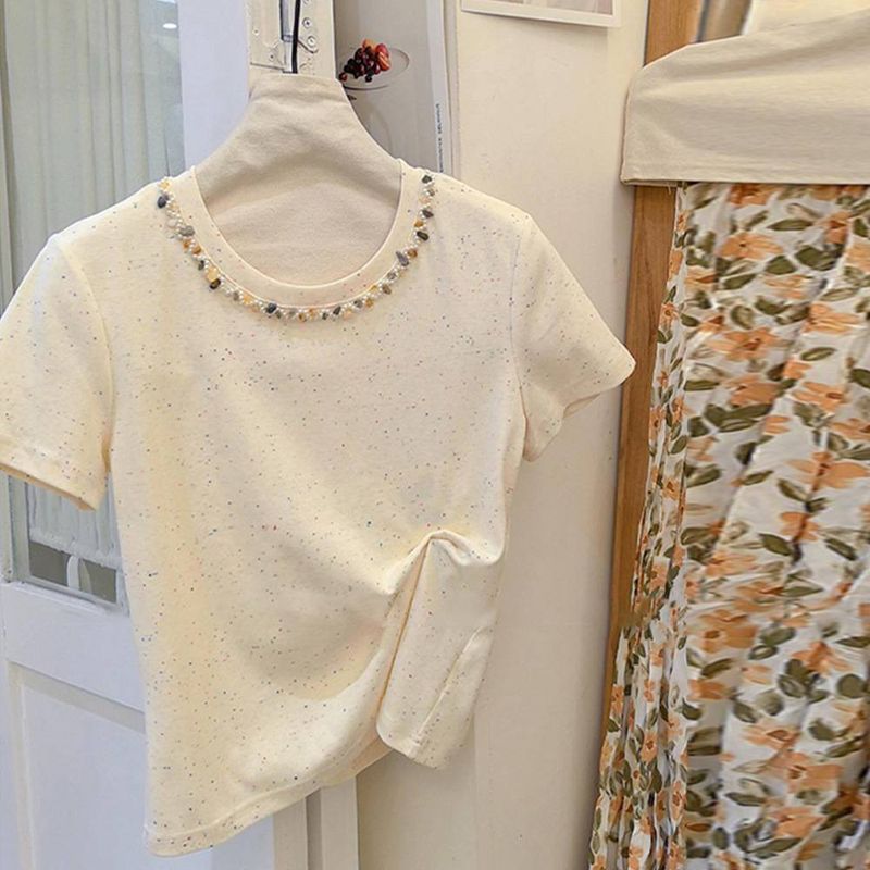 Women's Clothing White Collar Beaded Design Heavy Duty Straight Shoulder Short Sleeved T Shirt Summer New Unique And Beautiful Tops_voghion.com
