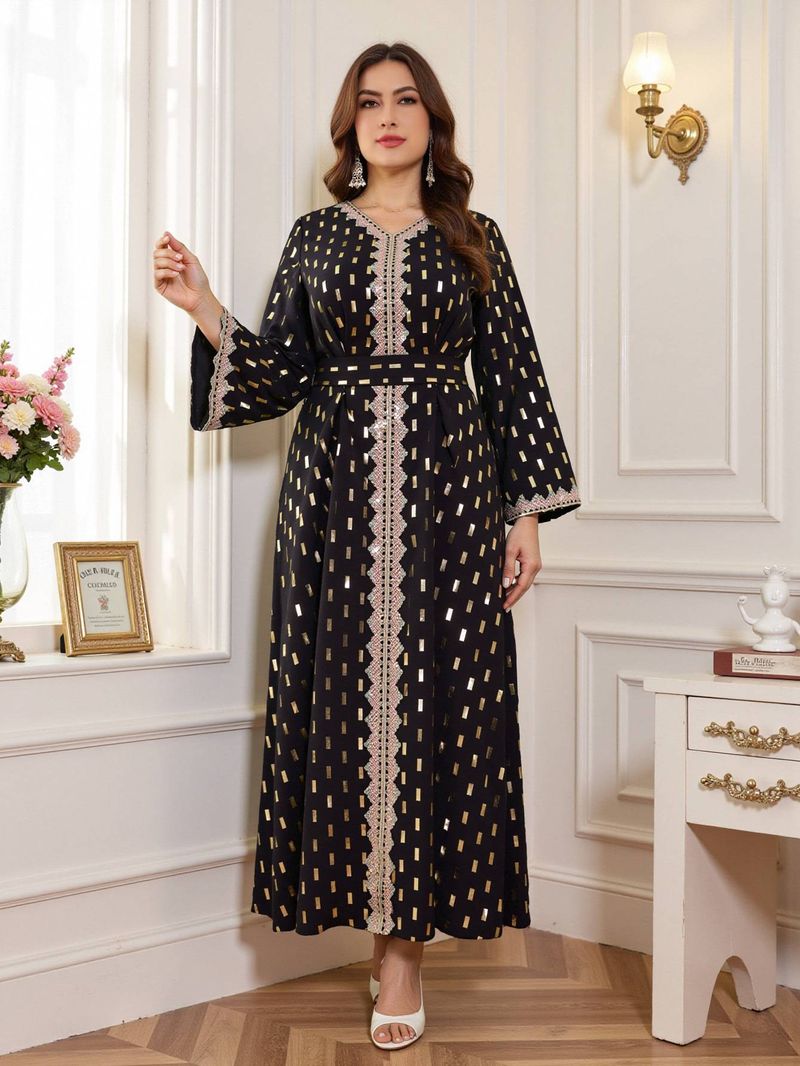 Abbigliamento da donna, taglie forti, abito musulmano Abaya con stampa oro_voghion.com