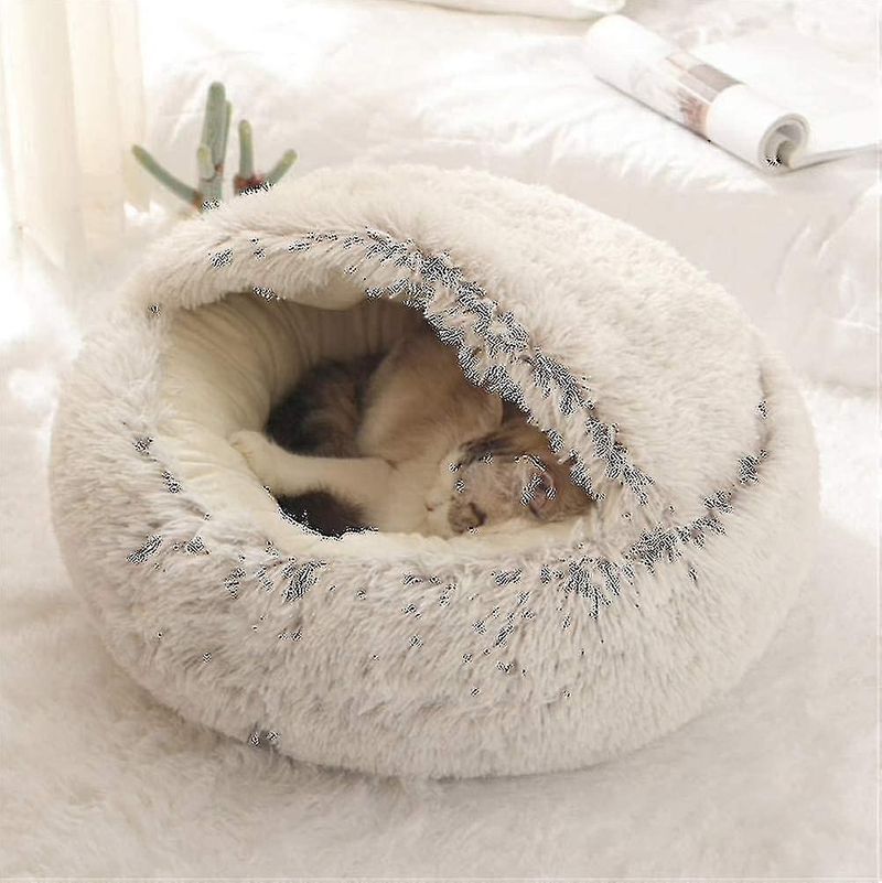 Fluffy Cat Bed, Round, Soft Plush, Den With Hood, Cat Bed, For The Winter, Warm, Sleeping Pillow, No_voghion.com