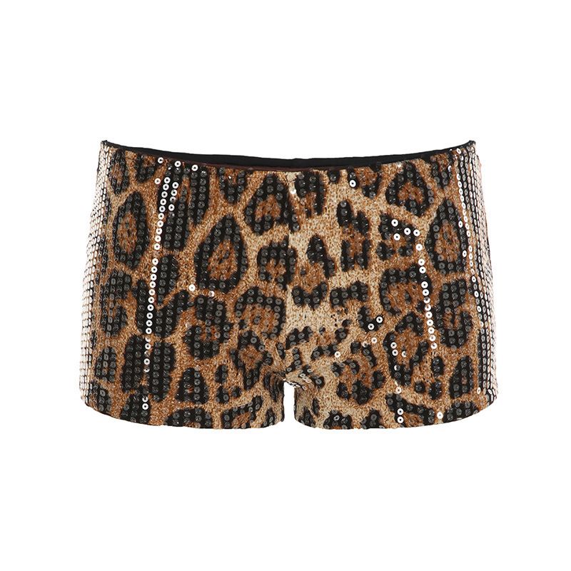 Pantaloncini da donna a vita bassa con stampa leopardata glitterata sexy - Tessuto elasticizzato in maglia per feste e serate fuori_voghion.com