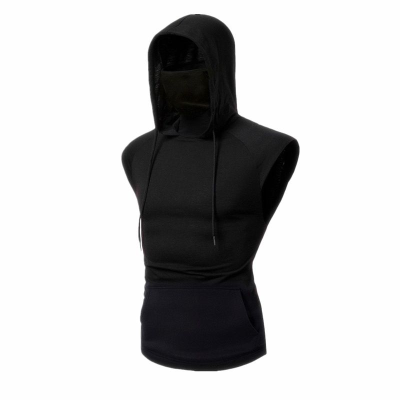 ​​Men's Hooded Face Mask Workout T-Shirt - Breathable Sleeveless Gym Vest For Running, Training & Outdoor Sports (Black, Blue, Wine Red, Grey) S-XXL​​_voghion.com