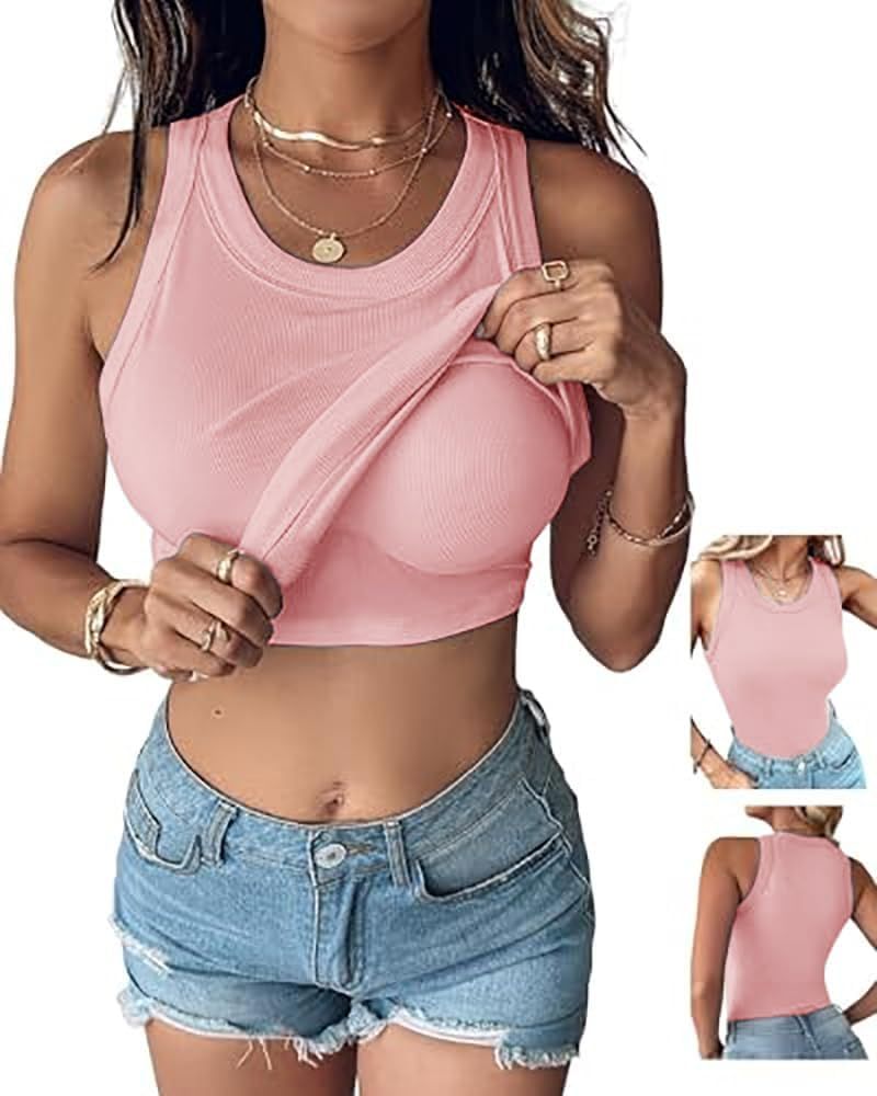 Damen Tanktops mit integriertem BH, ärmellos, lässig, Racerback, gerippt, tailliert_voghion.com
