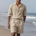 Summer American Style Loose Linen Men's Simple Long Sleeve Shirt Casual Shorts Beach Set_voghion.com