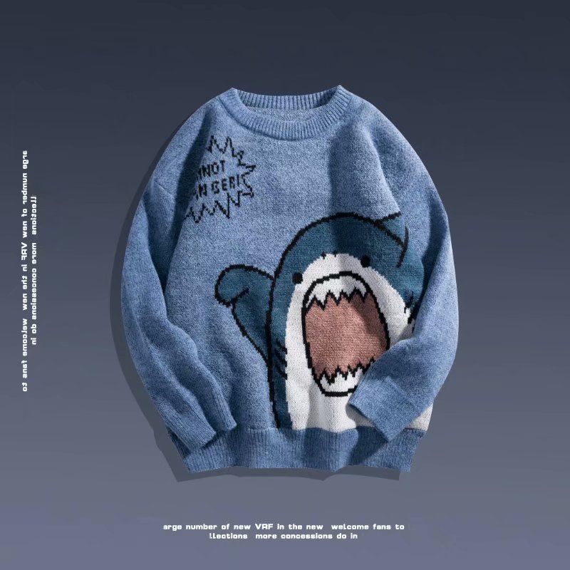 Herrenbekleidung Herbst und Winter Cartoon Hai Rundhals Paar Pullover Herrenmode Marke lockerer Stil Strickwaren Stil Ins Top_voghion.com