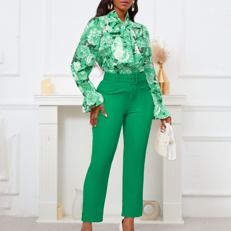 Top da donna a maniche lunghe con spalline stampate di nuova moda, pantaloni a vita alta, pantaloni casual, tuta per il commercio estero_voghion.com
