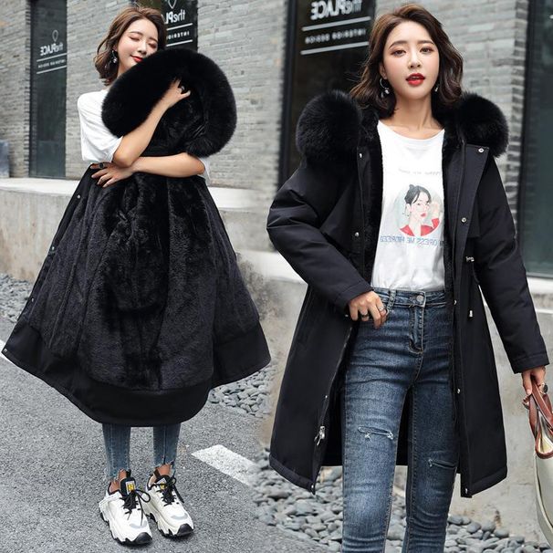 Women's Clothing Winter Long Puffer Coat With Faux Fur Hood, Plus Size Warm Trench Parka Jacket, Thickened Quilted Outerwear With Drawstring Waist_voghion.com