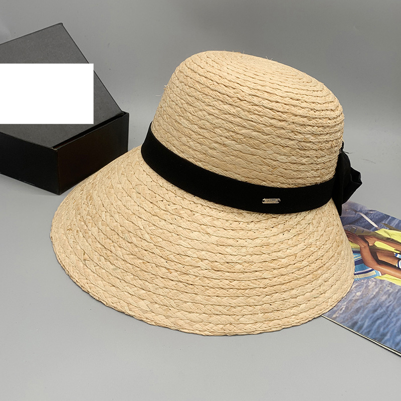 Hand-knitted raffia with a split large canopy and shade bow straw hat beach hat Spring hat_voghion.com