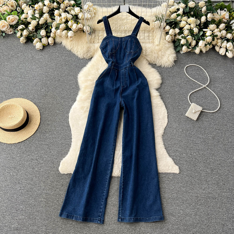 Frauen Kleidung Retro hot girl stil leibchen denim overall frauen sommer taille abnehmen schlank breite bein oder-länge_voghion.com