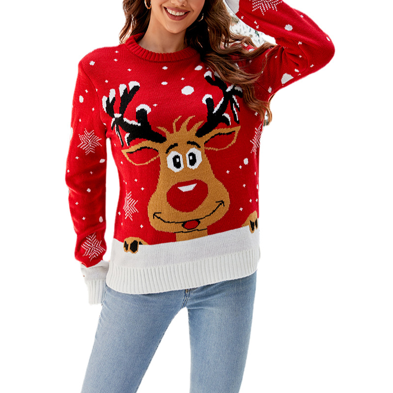 Pull de noël en forme d'élan de dessin animé, haut tricoté à col rond, automne et hiver_voghion.com