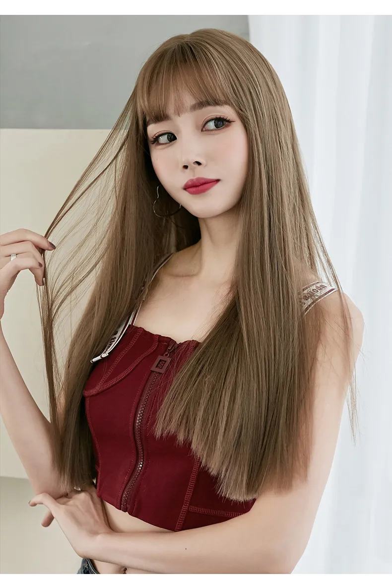 Najlepiej sprzedające się peruki, długie włosy damskie, pełne nakrycie głowy, czarne długie proste włosy, naturalne grzywki, pełna górna część włosów, realistyczne peruki_voghion.com