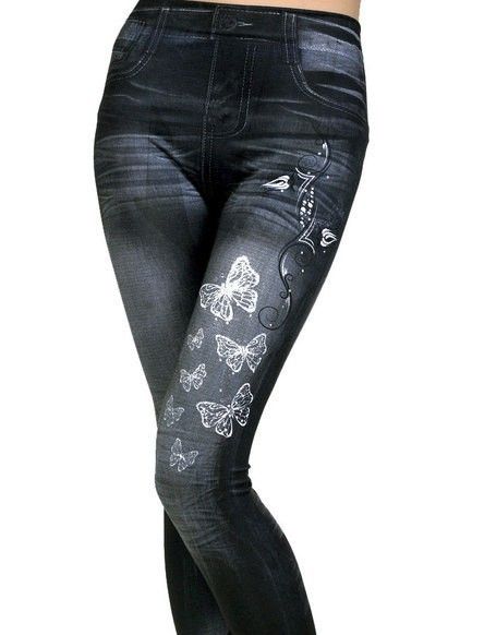 Leggings in denim con stampa a farfalla piccola, vestibilità attillata, stile coreano, leggings in denim_voghion.com