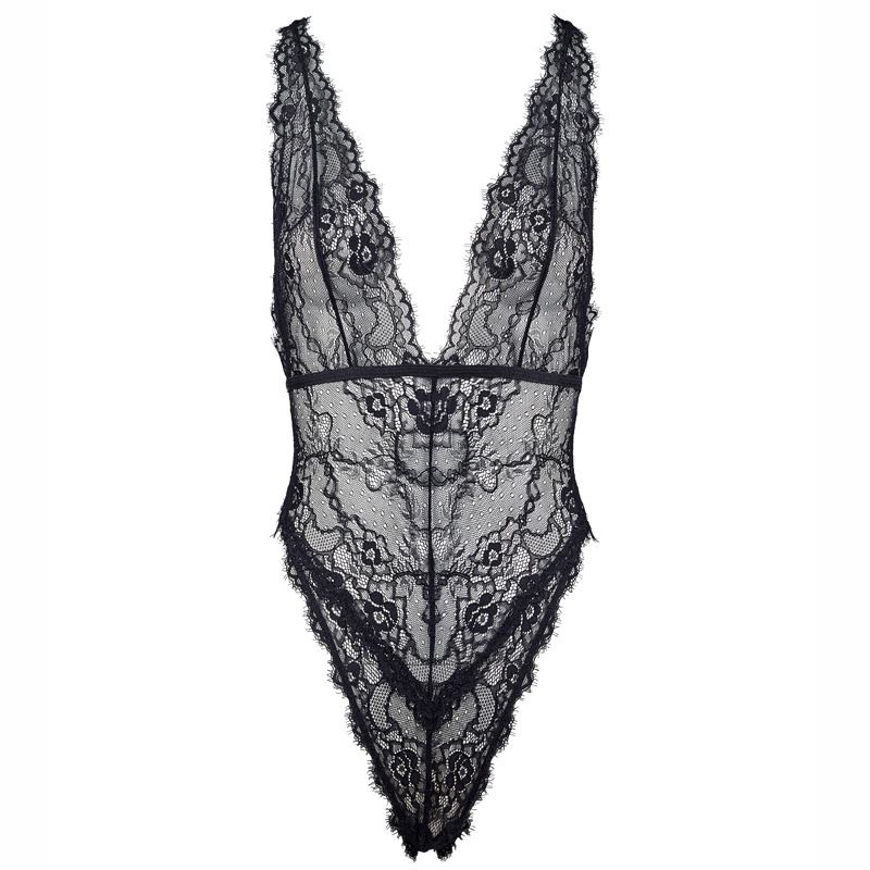 KOOSSOASIS Bodysuit sexy nero con scollo a V profondo e spalline incrociate in pizzo elastico con scollo a V profondo_voghion.com