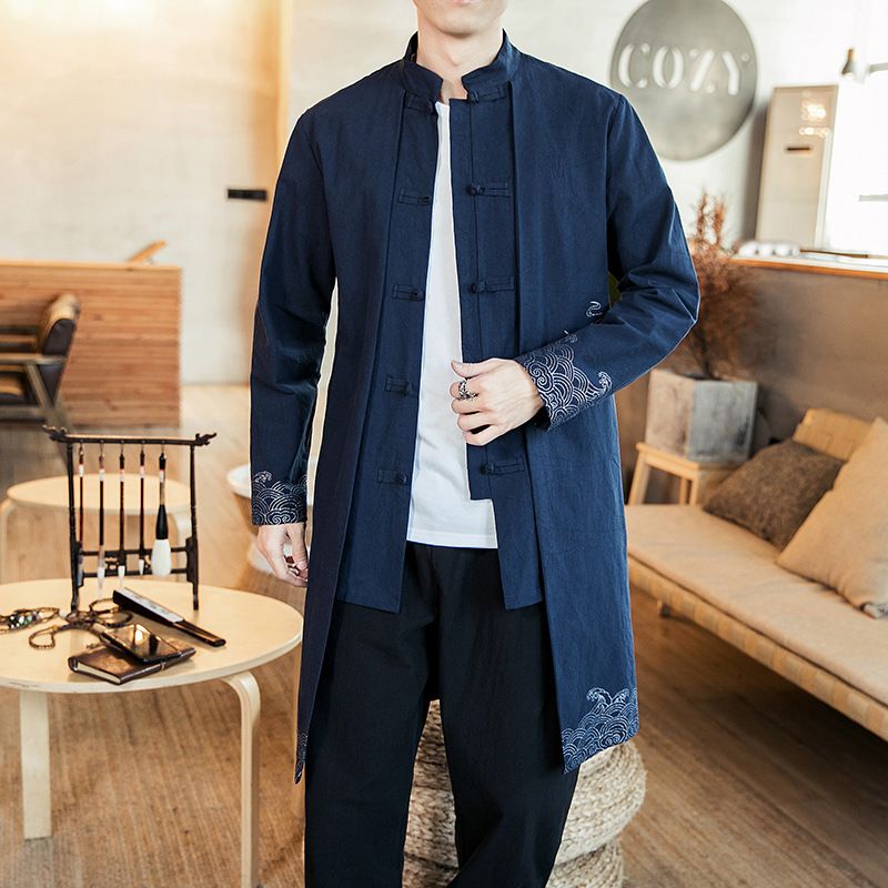 Vêtements ethniques pour hommes 2019 printemps style chinois grande longueur moyenne boucle panoramique manteau imprimé montagne et eau_voghion.com