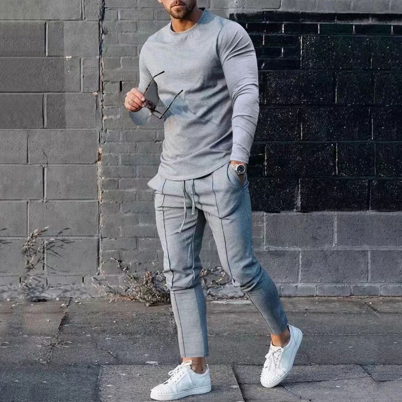 2024 Primavera e Autunno T-shirt a maniche lunghe con scollo tondo in due pezzi Pantaloni Set sportivo casual da uomo_voghion.com