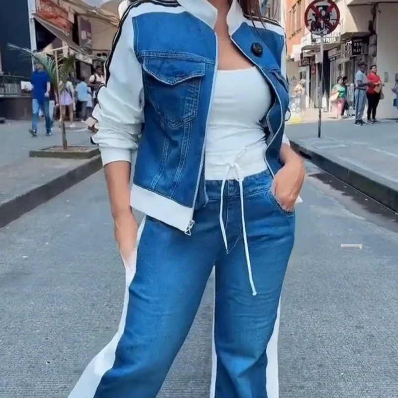 Roupas femininas primavera nova moda feminina jeans costura zíper manga comprida conjunto de duas peças_voghion.com