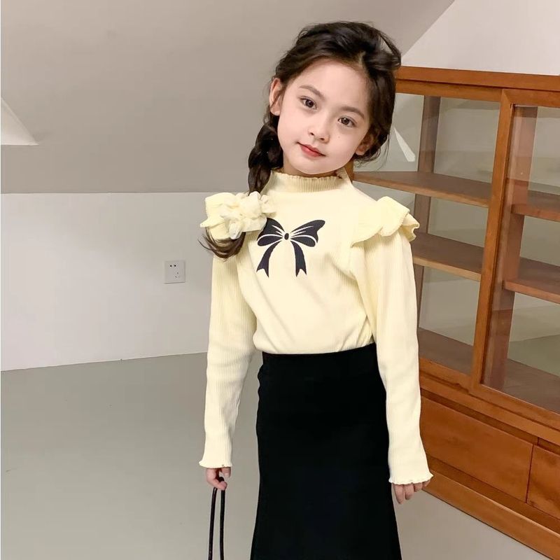 Kannerkleeder Meedercher Laangärm T-Shirt Hierscht a Wanter Neigebuerent Fléiärm Schleifen-T-Shirt Kanner Séiss an elegant Top T Trend_voghion.com