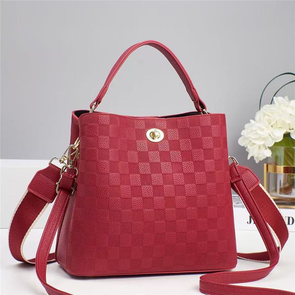 Borsa a secchiello da donna, grande capacità, borsa alla moda da donna, semplice borsa a tracolla a mano con tracolla a mano e motivo scozzese in rilievo di litchi_voghion.com