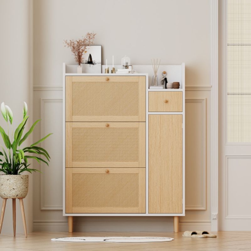 Holzwerkstoff Schuhschrank Aus Rattan – Geeignet Für Enge Eingänge – 3 Kipp-Türen Und 1 Schublade – Mit Massivholzbeinen Und Griffen – Maße: B90/H125/T17 Cm_voghion.com