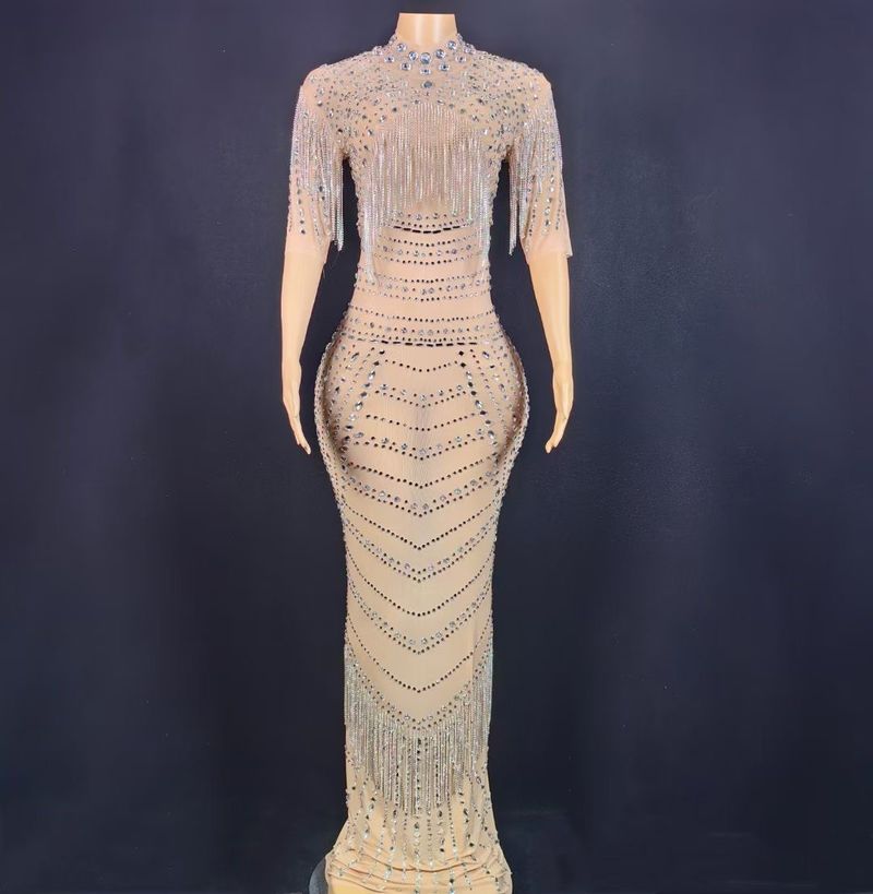 Ropa de mujer, sexy, de lujo, con malla de diamantes de imitación, falda larga, elegante, ajustado, vestido de noche para fiestas de celebridades, cumpleaños, anfitrionas._voghion.com