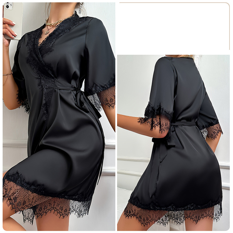 Women's Clothing Guiruo Underwear Sexy Silky Satin Splicing Lace Pure Temptation Lace Up Robe Home Suit_voghion.com