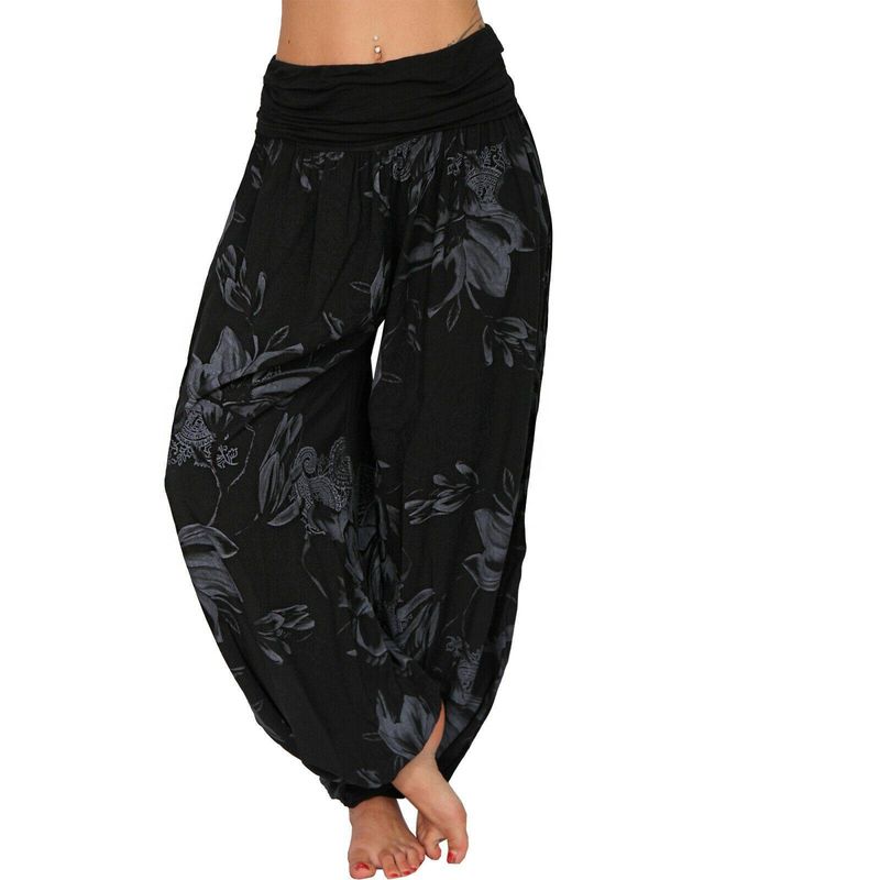 Plus Size Boho Pants, Women's Plus Floral Print Ruched Low Waist Loose Comfy Harem Pants_voghion.com
