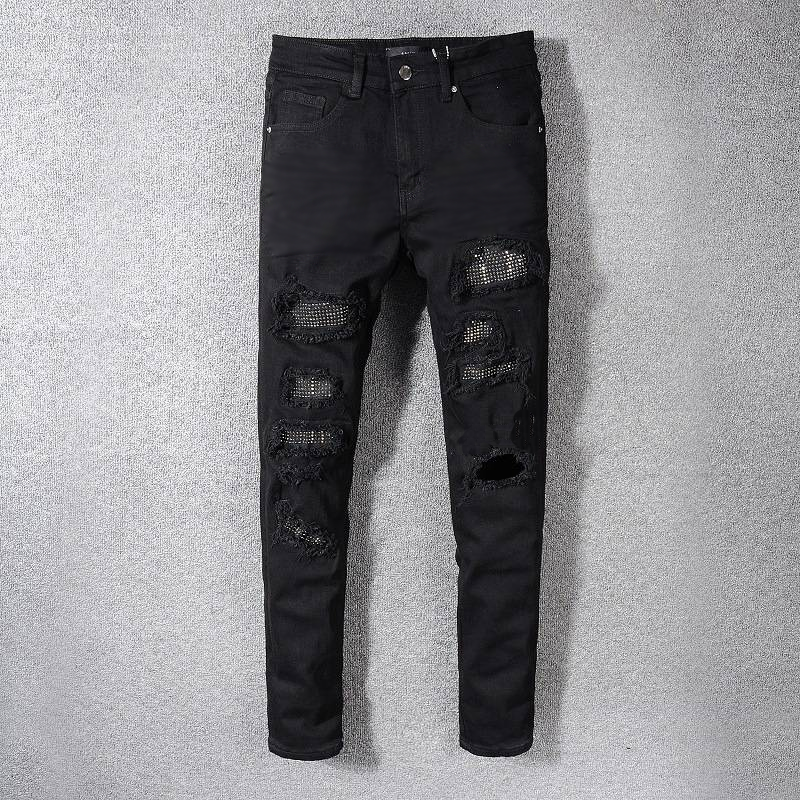 Herrenbekleidung High Street Fashion Marke Mode schwarze zerrissene Jeans für Männer junge Männer diamantbesetzte elastische schmal geschnittene Röhrenhose Trend_voghion.com