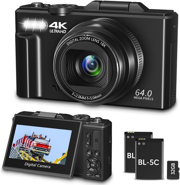Digital Camera For Photography, WiFi 64MP 4K Vlogging Camera F 3" 180° Flip Screen 18X Digital Zoom Compact Vlog Travel Camera With 32GB TF Card Black_voghion.com