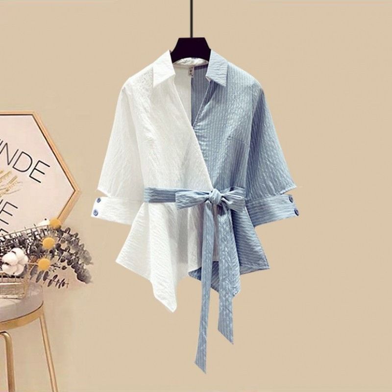 Dameskleding Zomertemperament Pak Grote Maat Gestreept Shirt Denim Rok Tweedelig Pak_voghion.com