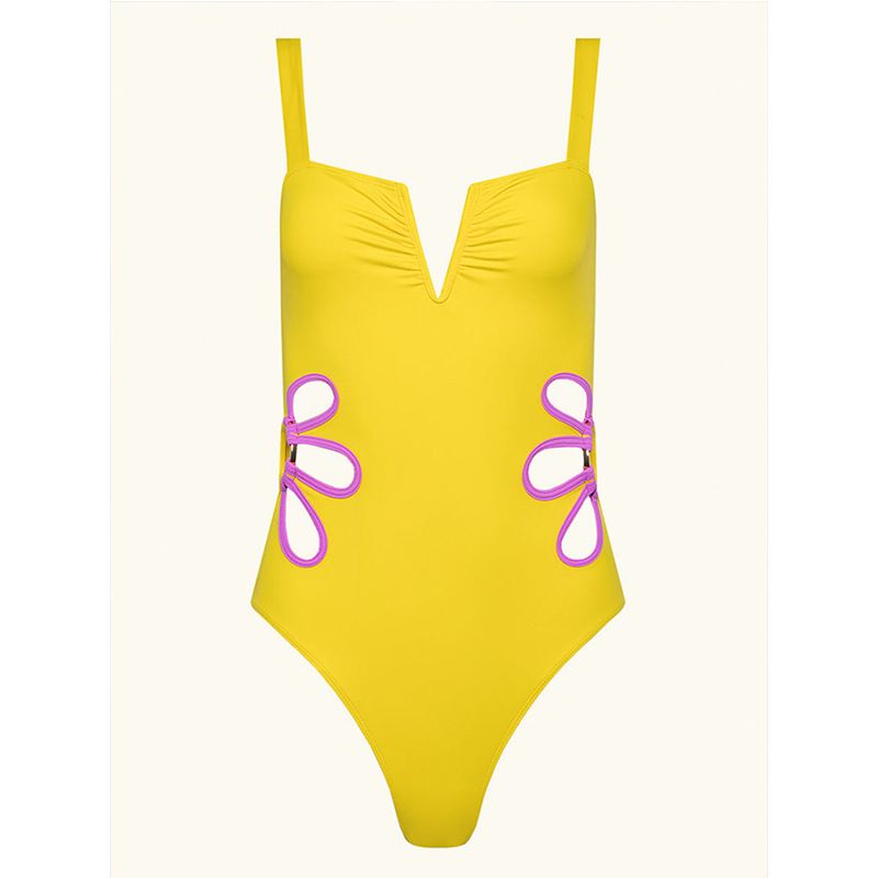 Europäische und amerikanische Mode reine Farbe sexy V-Ausschnitt Hohl Design einteiliger Damenbadeanzug_voghion.com