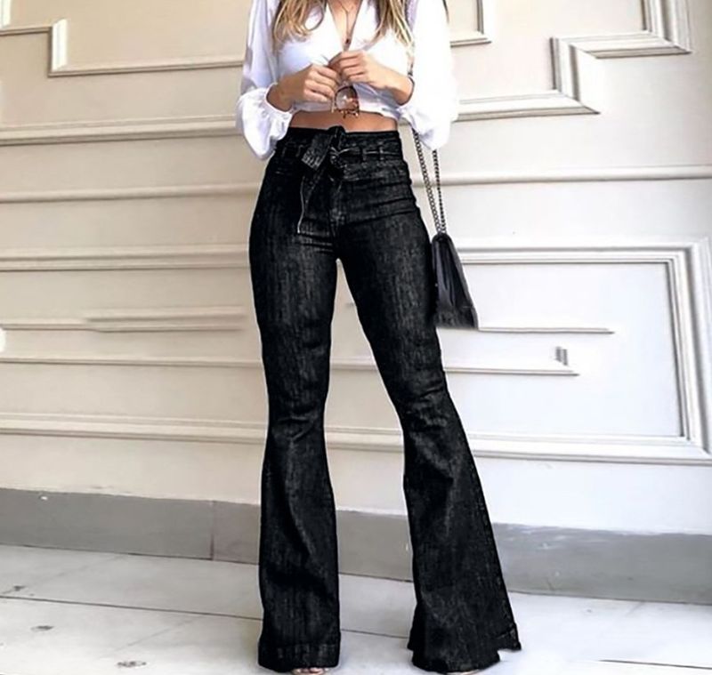 Vêtements pour femmes Pantalon évasé à lacets légèrement élastique taille haute Pantalon large Jeans pour femmes_voghion.com