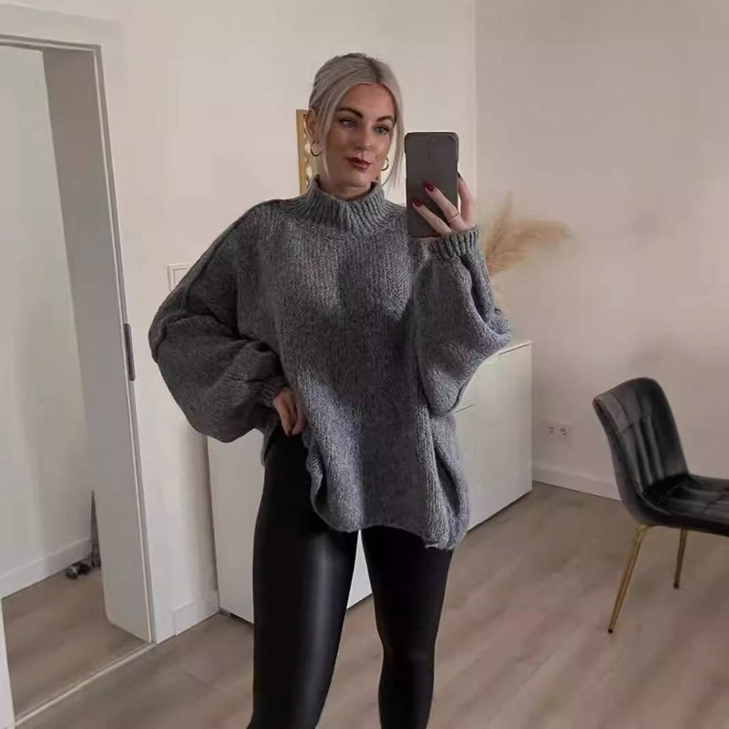  Women's Clothing New Loose Half High Collar Commuter Style Reverse Wear Knitted Pullover Solid Color Sweater_voghion.com