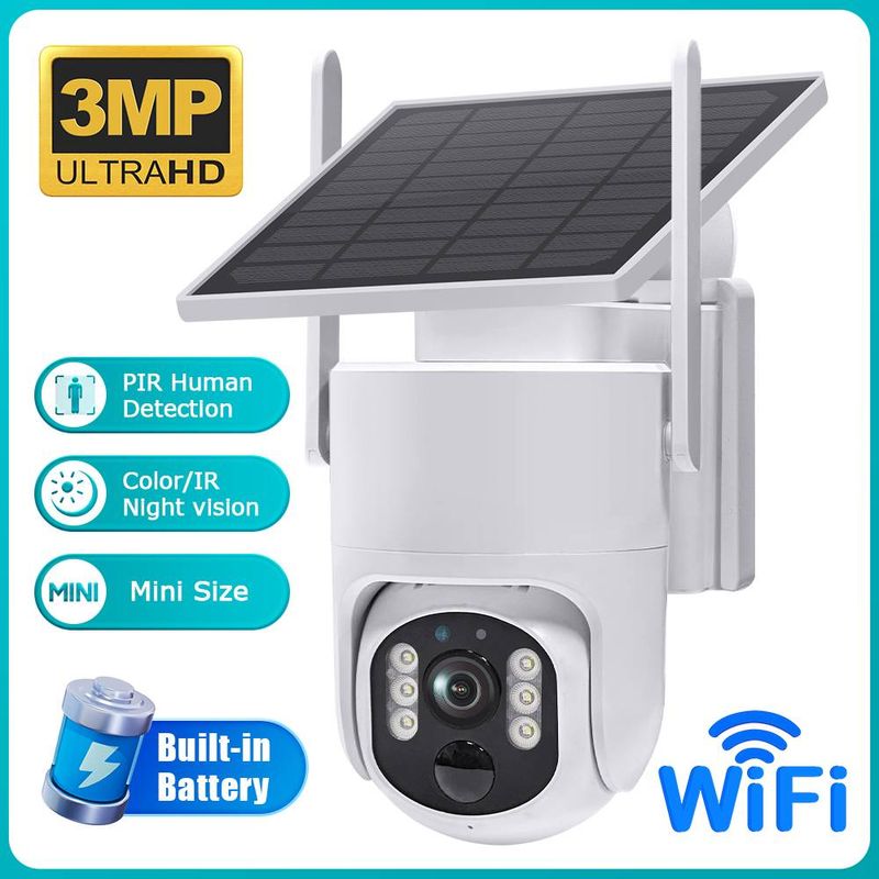 Home Outdoor Solar Security Camera HD 3MP Pixel WiFi Waterproof Full Color Night Vision IP CCTV Two-way Audio Intercom VCR PTZ Motion Detection_voghion.com