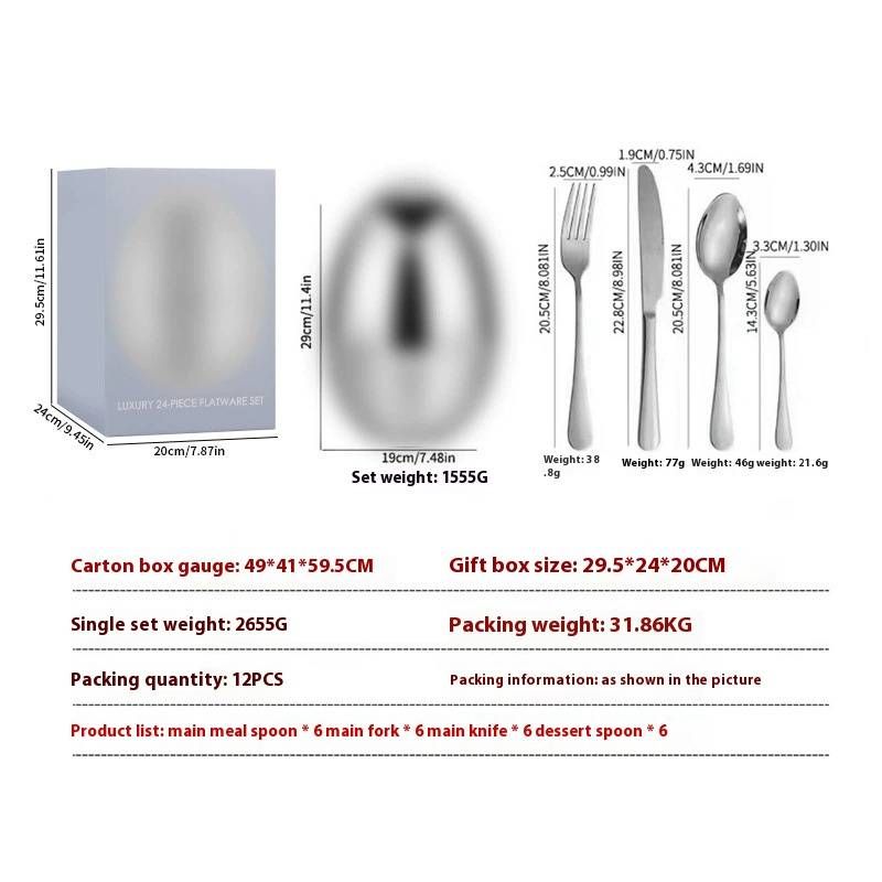 Stainless Steel Cutlery Set In ABS Egg Case - 24-Piece Pineapple Themed Knife Fork Spoon Gift Box, Elegant Dining Utensils For Home & Travel_voghion.com