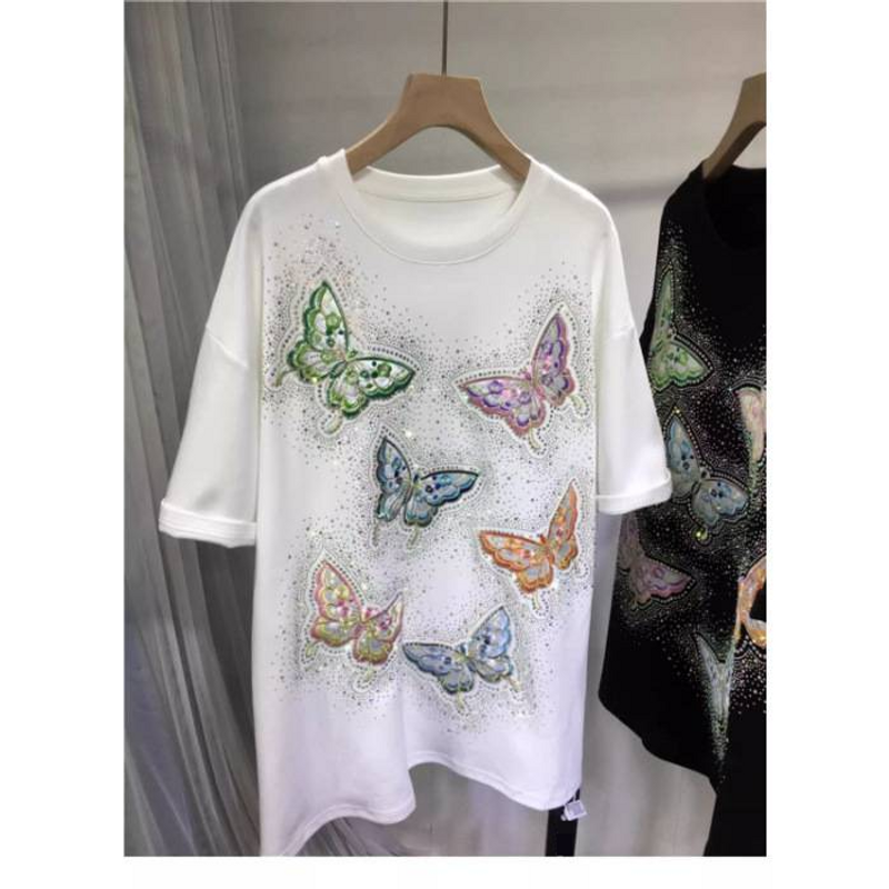 Women's Heavy Craft Hot Diamond Embroidery Butterfly Round Neck Fashion Short Sleeve T-shirt_voghion.com