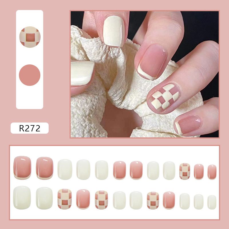 Ongles courts à damier rose avec armure, autocollants pour ongles français, ongles amovibles, ongles finis_voghion.com