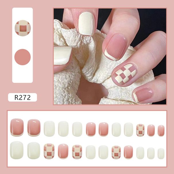 Ongles courts à damier rose avec armure, autocollants pour ongles français, ongles amovibles, ongles finis_voghion.com