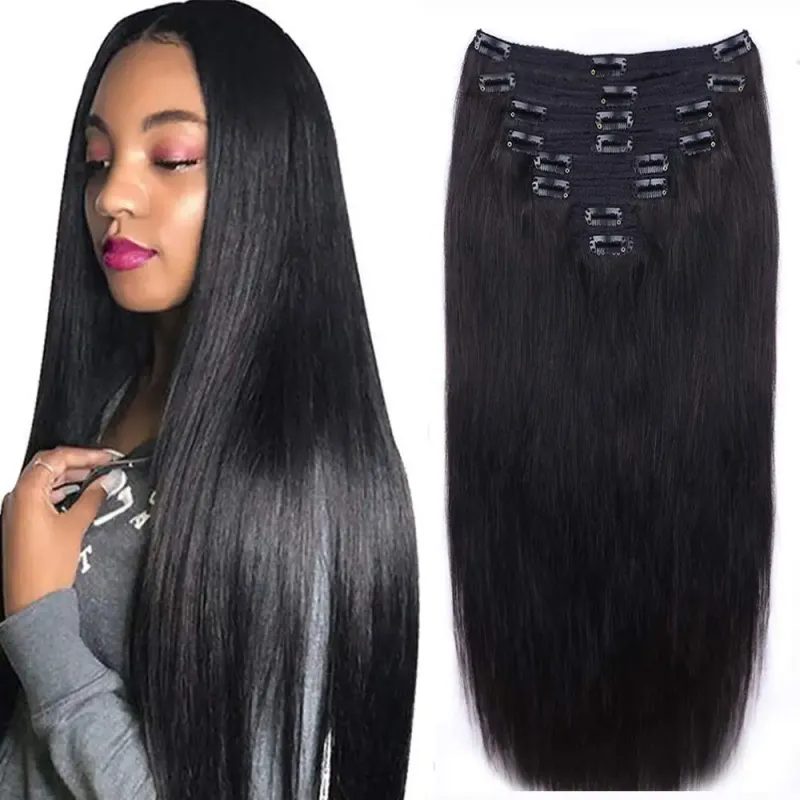 Clip-In-Extensions aus Echthaar, 120 g, für den ganzen Kopf, brasilianisches glattes Set_voghion.com