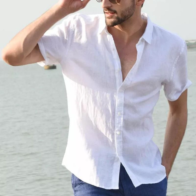 2025 Summer Short Sleeved Casual Cardigan Men's Solid Color Shirt_voghion.com