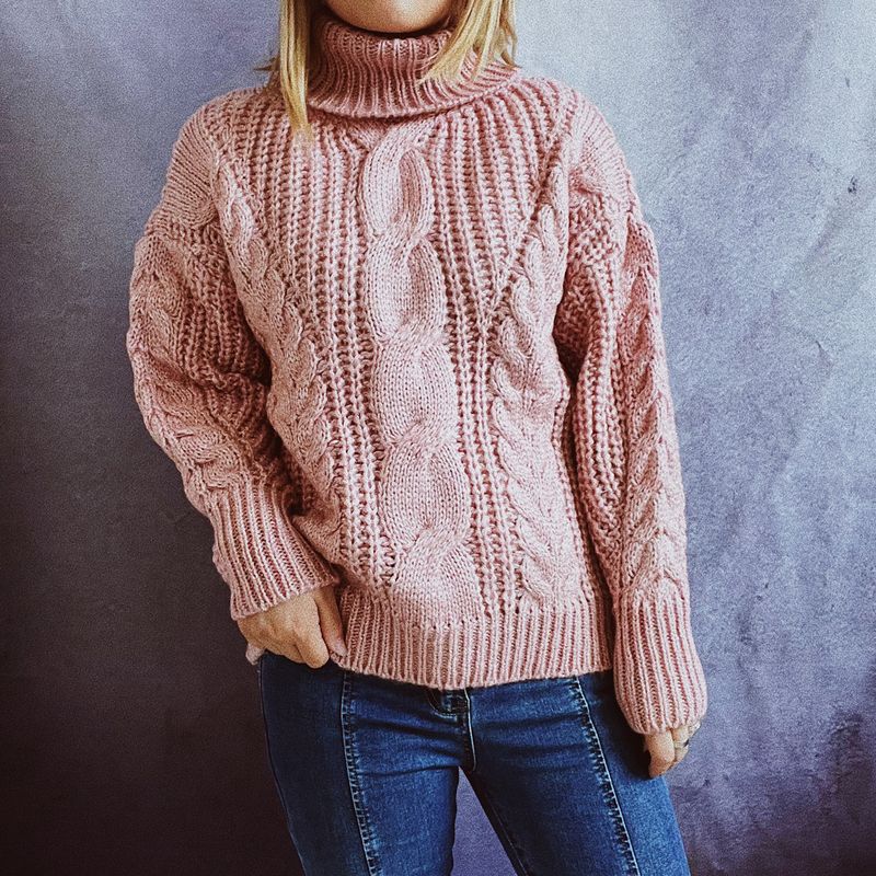 Neuer Herbst- und Winter-warmer Twist-Rollkragenpullover, einfarbiger, langärmeliger, lockerer Pullover_voghion.com