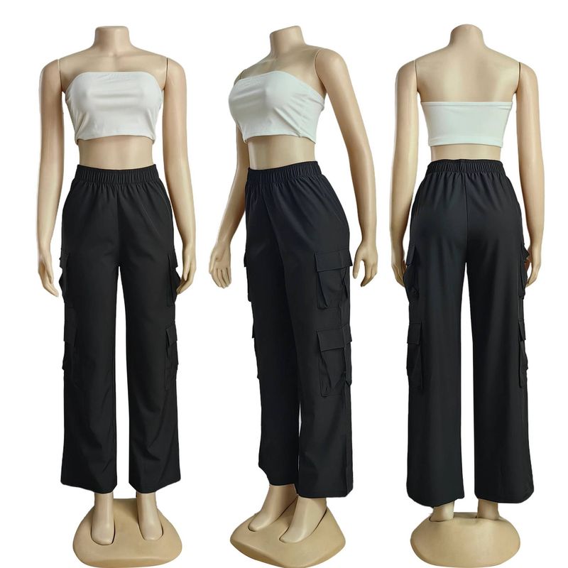 Streetwear Basic Buckle Cargo Pants Women Parachute Trousers Solid Straight Leg Big Pockets Baggy All-Match Sweatpants_voghion.com
