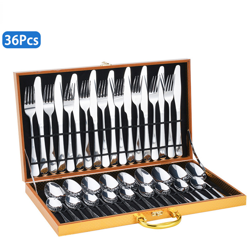 Luxury 36-Piece 1010 Stainless Steel Cutlery Set In Golden Wooden Gift Box - Complete Knives Forks & Spoons Set For Fine Dining​_voghion.com
