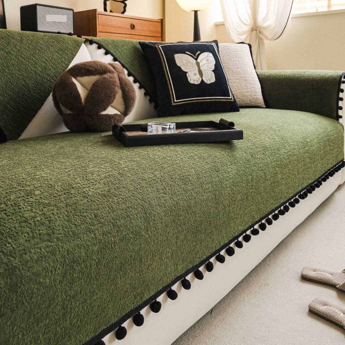 Chenille-Sofakissenbezug – Hochwertiges, rutschfestes Einteiler-Design (Vintage-Grün, Creme, Beige und mehr)_voghion.com