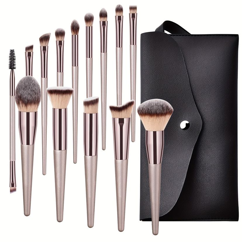 14-Piece Champagne Makeup Brush Set With Cosmetic Bag Professional Powder Brush Blush Brush Eyeshadow Brushes Kit_voghion.com