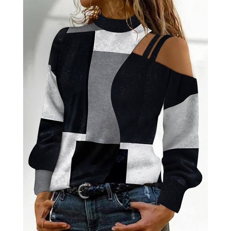 Top da donna a maniche lunghe con motivo geometrico a blocchi di colore semplice autunno e inverno con spalle scoperte_voghion.com