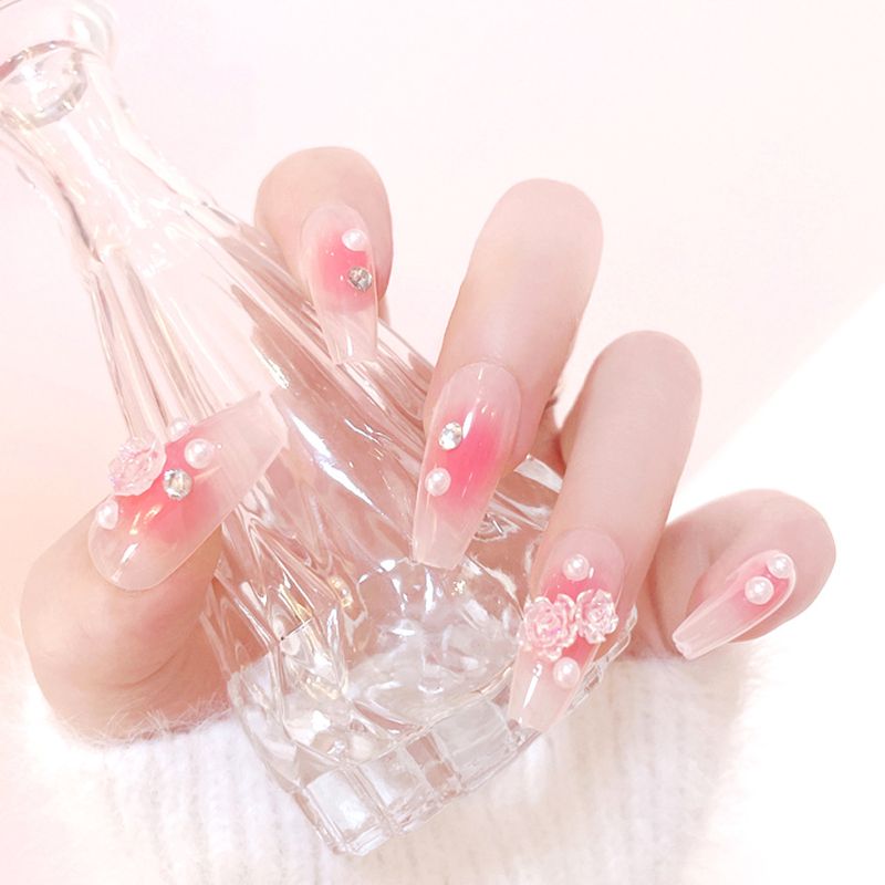 Tavolette per unghie finte 3D Camellia trasparenti rosa scintillanti e indossabili Y54_voghion.com
