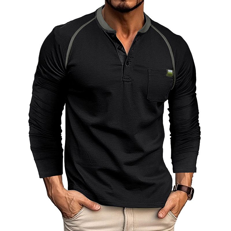 Man's clothing Long sleeve men's T-shirt men Henry shirt matching color T-shirt men_voghion.com