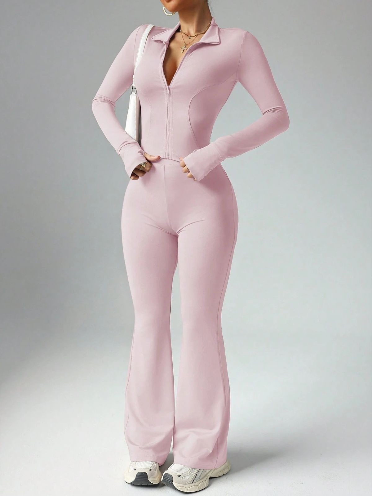 Einfarbiges, langärmliges Activewear-Set mit Reißverschluss für Damen mit hoch taillierten, ausgestellten Leggings und schnell trocknendem Yoga-Outfit_voghion.com