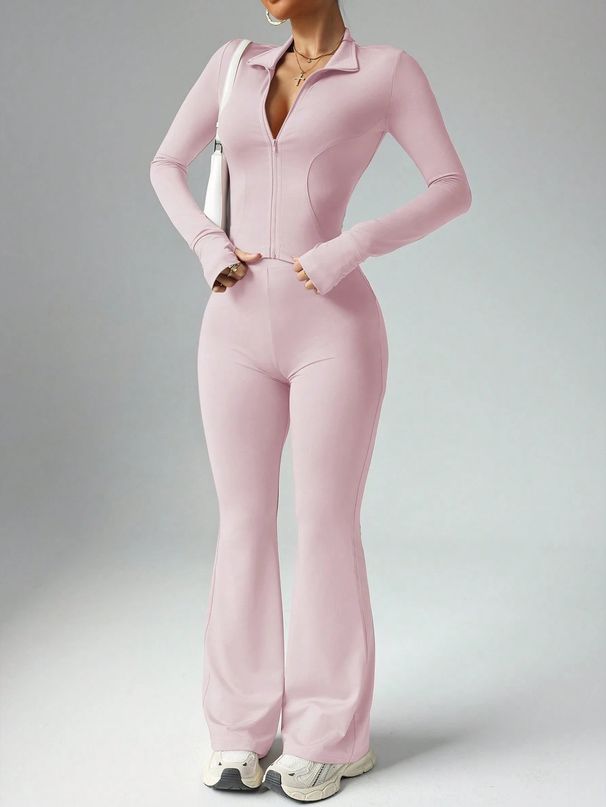 Einfarbiges, langärmliges Activewear-Set mit Reißverschluss für Damen mit hoch taillierten, ausgestellten Leggings und schnell trocknendem Yoga-Outfit_voghion.com