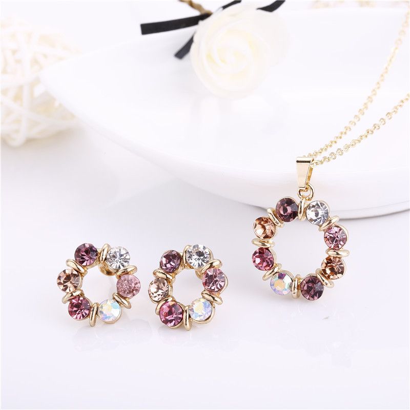 Fashionable Colorful with Diamond Necklace and Women's Earrings of Two New Ring Jewelry Set_voghion.com